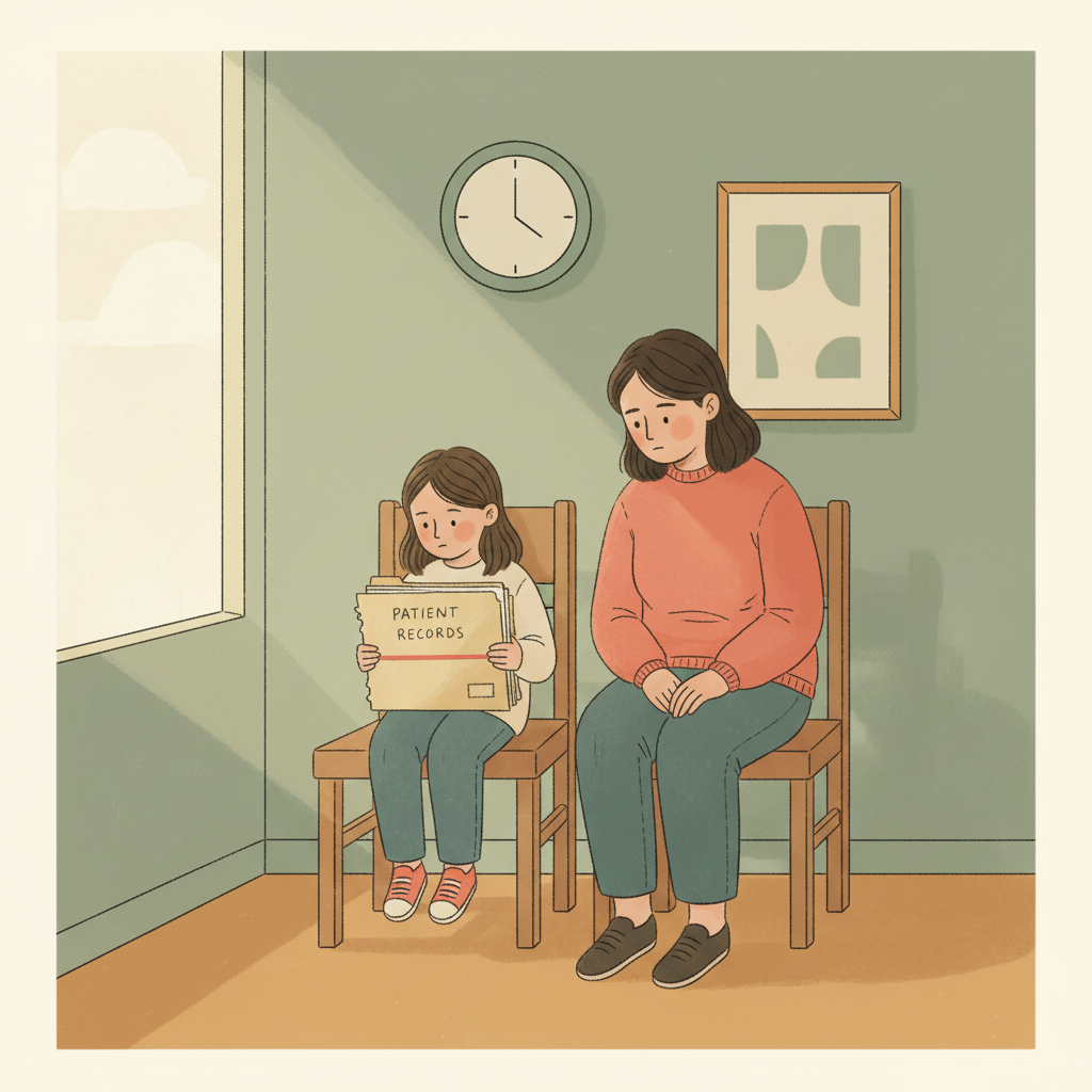 A little girl in a hospital waiting room holding a manila folder of medical records